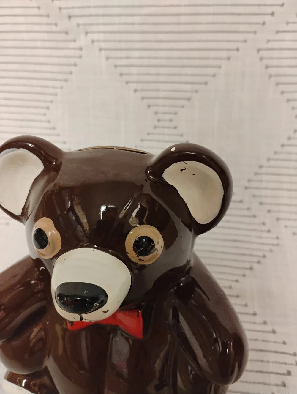 Vintage Brown Teddy Bear Ceramic Bank with Red Bow Made In Japan 70s